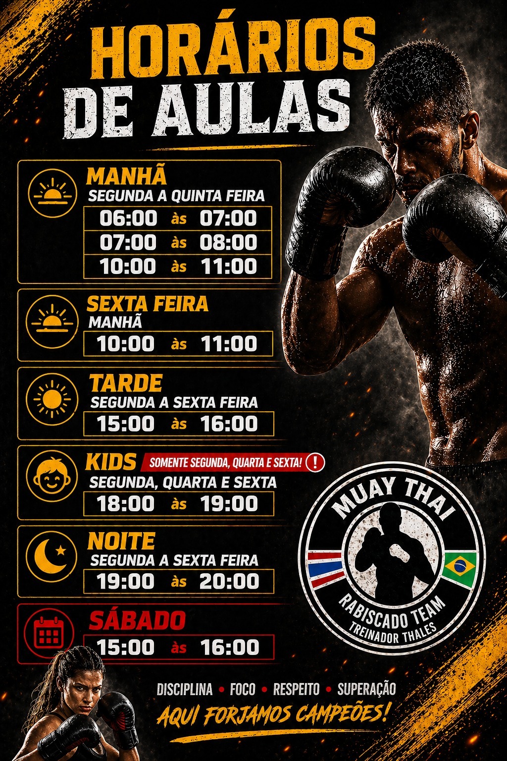 Arte com horários de aulas de Muay Thai Rabiscado Team