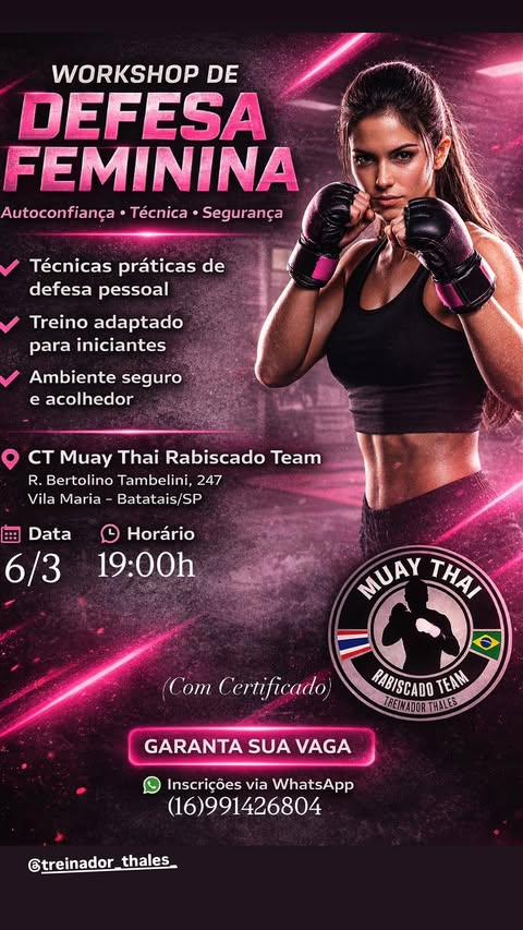 Arte de divulgação do Workshop de Defesa Feminina no CT Rabiscado Team